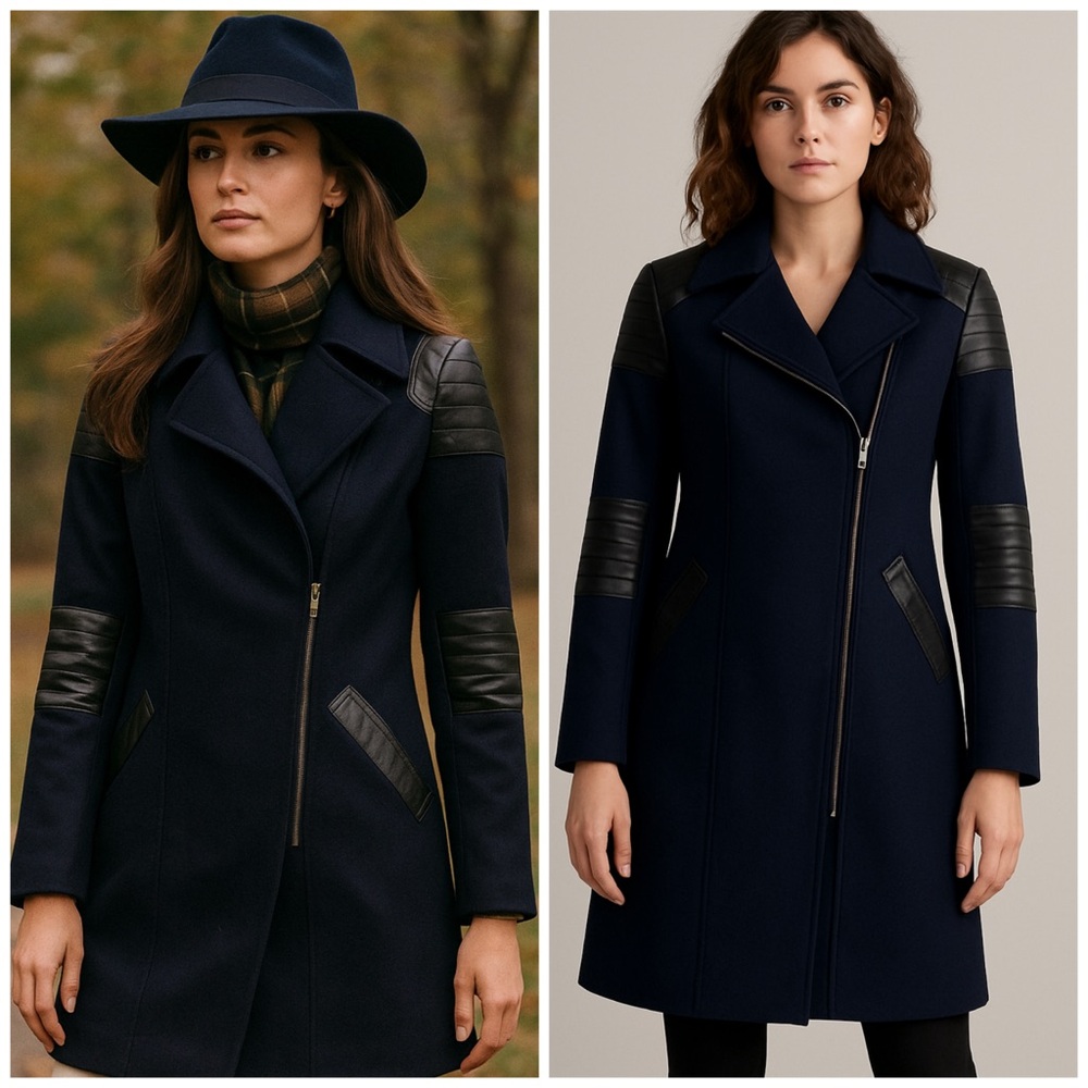 DKNY Vintage Moto Mixed Media Navy Blue with Faux Black Leather Accents Coat | 4